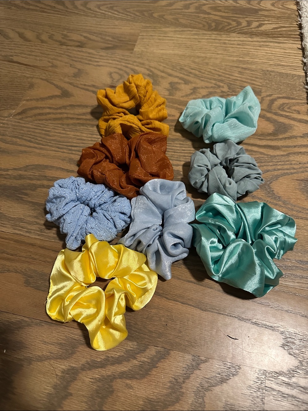 Colorful Satin & Knit Scrunchie Set - Yellow, Teal, Blue, Gray, Rust